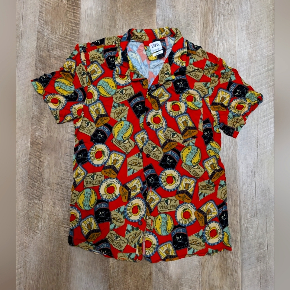 Zara Red beer print short sleeve button down shirt size medium